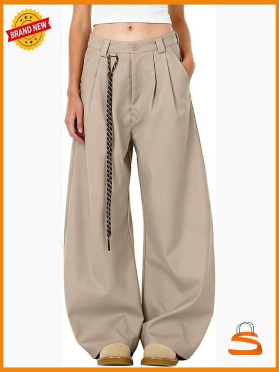 Pants - Mid Rise Barrel Leg Pleated Wide Leg Trousers Baggy Casual Pants Loose Fit
